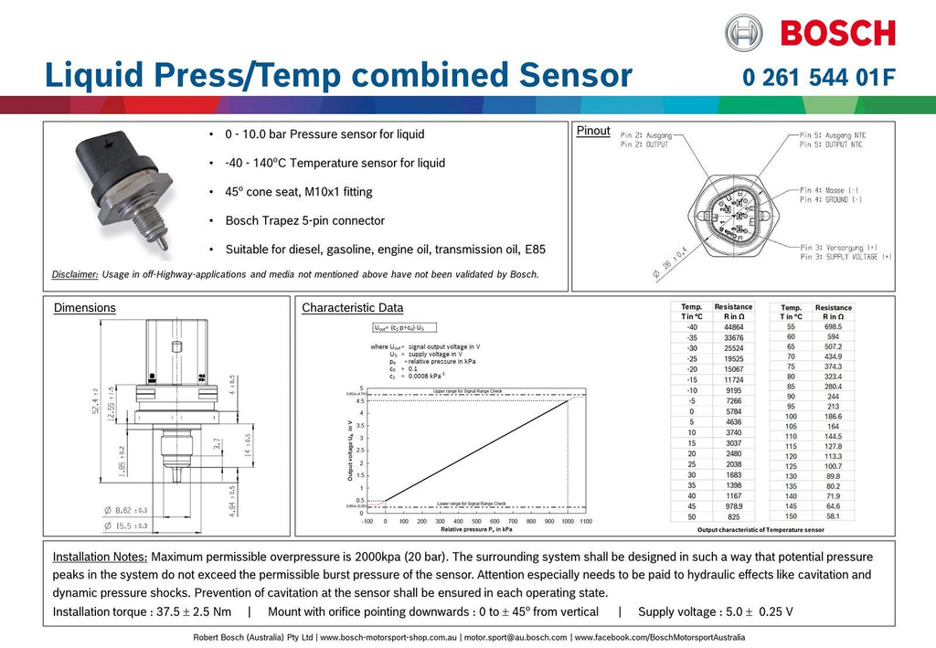 Bosch Liquid Pressure/Temp combined Sensor, 10 bar & 140 deg C
