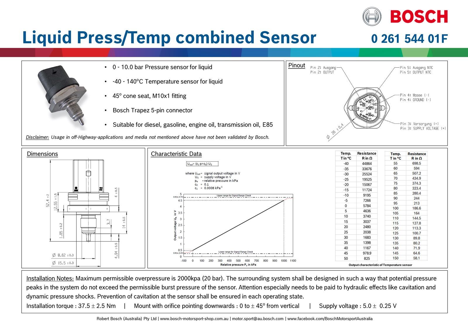 Bosch Liquid Pressure/Temp combined Sensor, 10 bar & 140 deg C