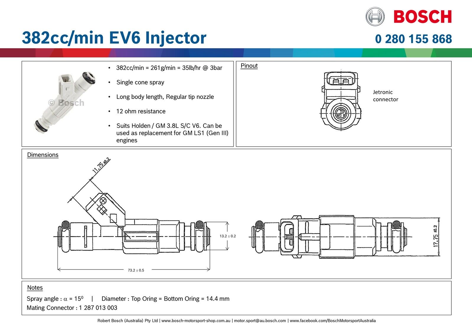 Bosch 382cc/min EV6 Injector  PN: 0 280 155 868 ALL Sets are Flow Matched with a report