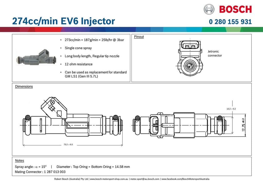Bosch 274cc/min EV6 Injector PN: 0 280 155 931 ALL Sets are Flow Matched with a report