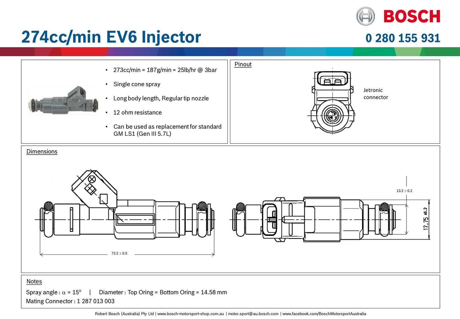 Bosch 274cc/min EV6 Injector PN: 0 280 155 931 ALL Sets are Flow Matched with a report