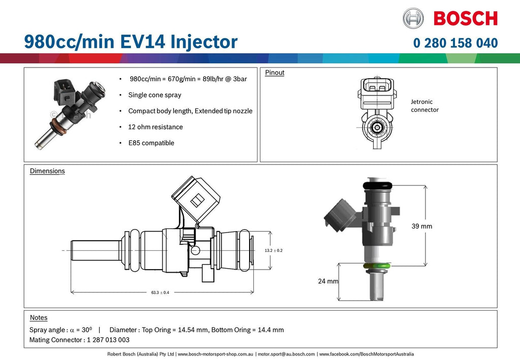 Bosch 980cc EV14 Injector PN: 0 280 158 040 ALL Sets are Flow Matched with a report