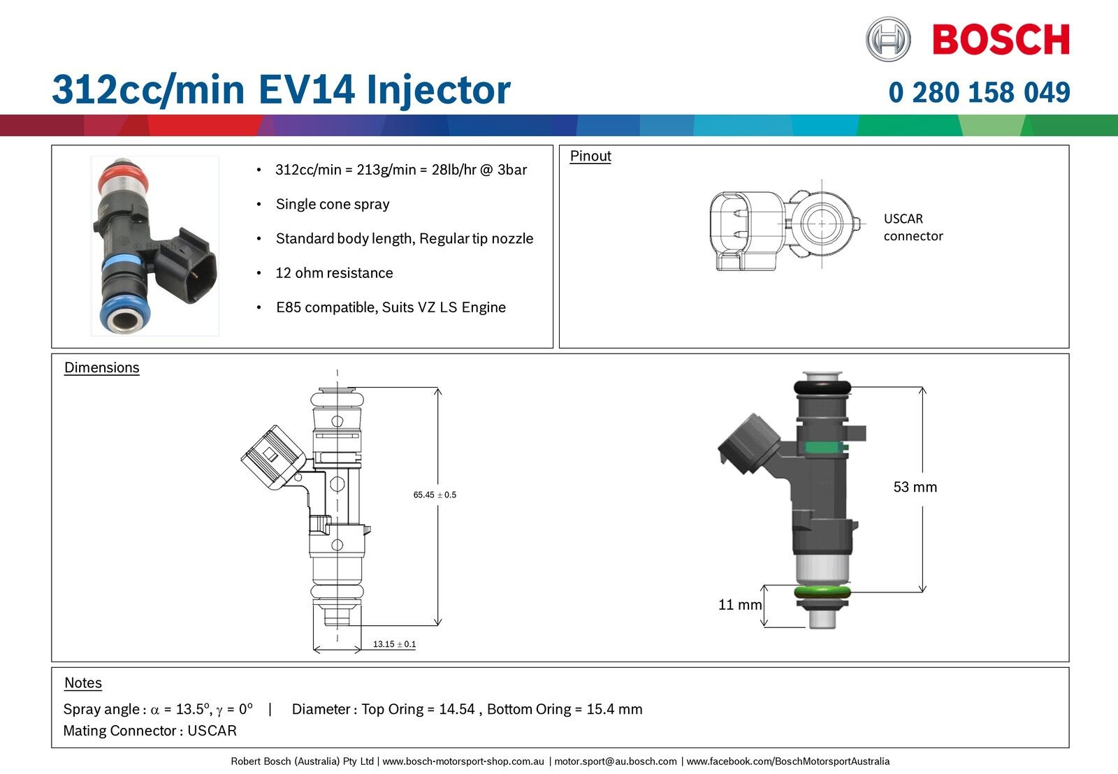 Bosch 312cc/min EV14 Injector PN: 0 280 158 049 ALL Sets are Flow Matched with a report