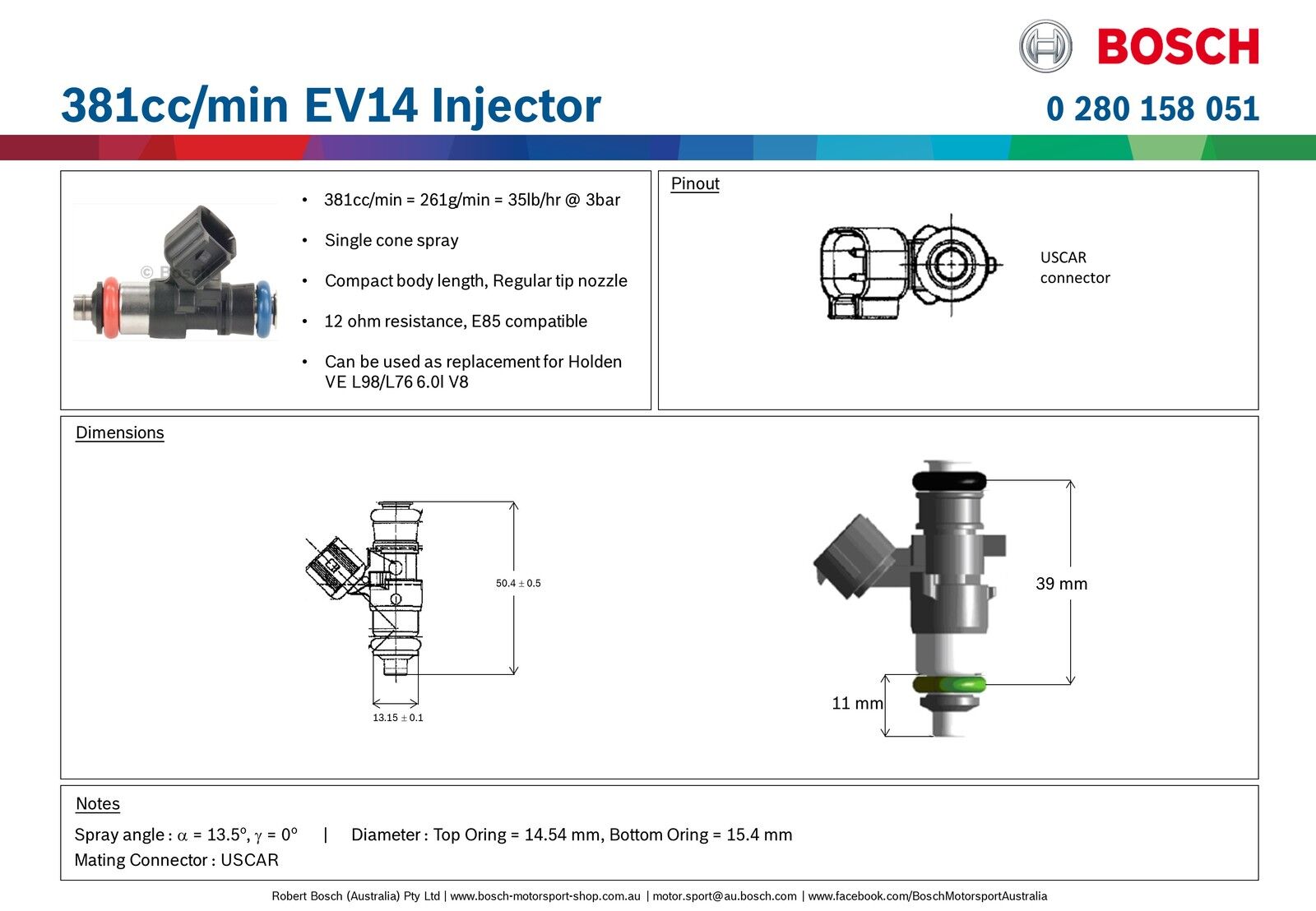 Bosch 381cc/min EV14 Injector PN: 0 280 158 051 ALL Sets are Flow Matched with a report