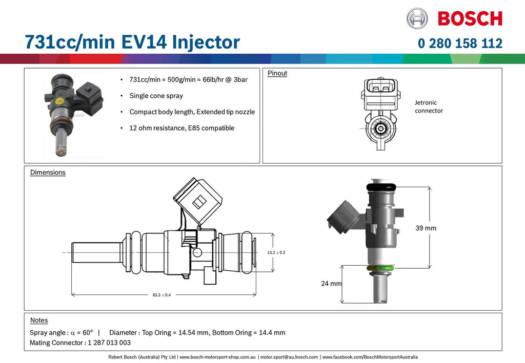Bosch 731cc Ext Tip EV14 Injector PN: 0 280 158 112 ALL Sets are Flow Matched with a report