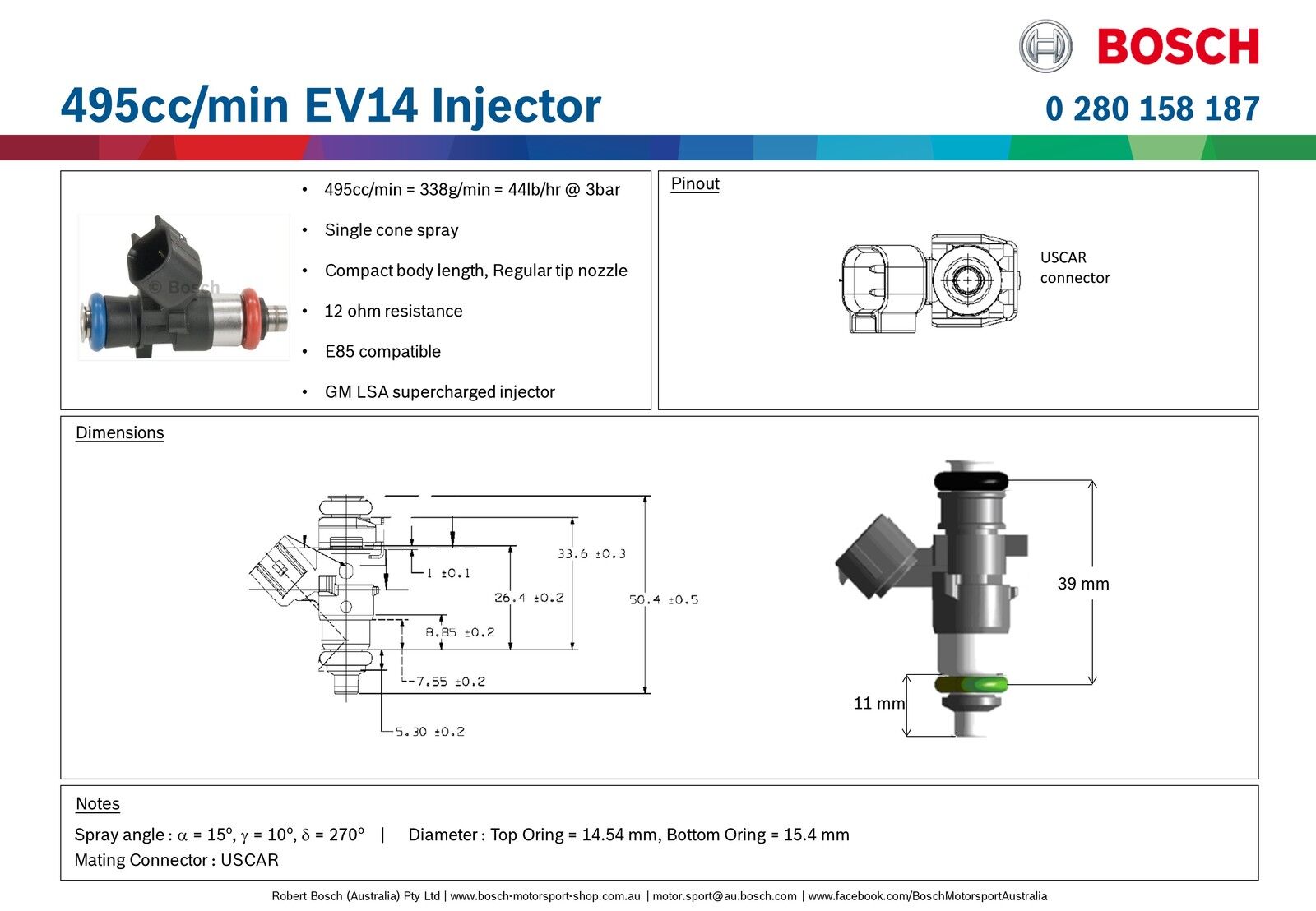 Bosch 495cc/min EV14 Injector PN: 0 280 158 187 ALL Sets are Flow Matched with a report