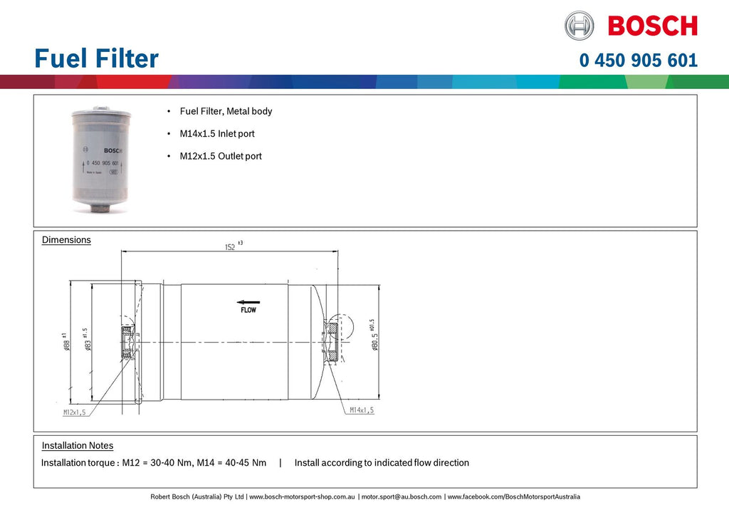 Bosch 0 450 905 601 Inline Fuel Filter